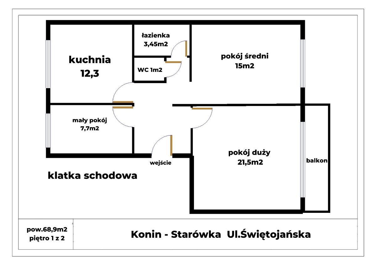 3 pok. rozkładowe mieszkanie, 1 piętro, balkon, duża piwnica - Na sprzedaż  mieszkanie  : Konin